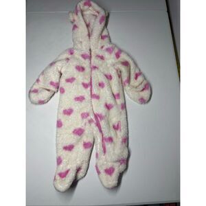 Wippette Hearts Double Sherpa Fuzzy Baby Romper Hooded Size 6/9 M Cream Pink